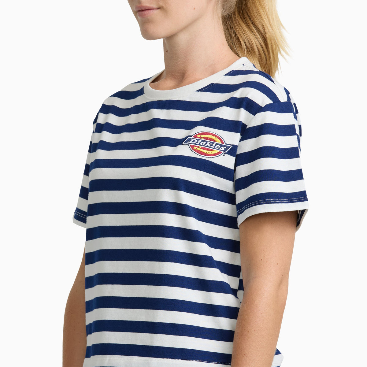 Junior's Short Sleeve Oversized Stripe Tee - White/Navy (WHN)
