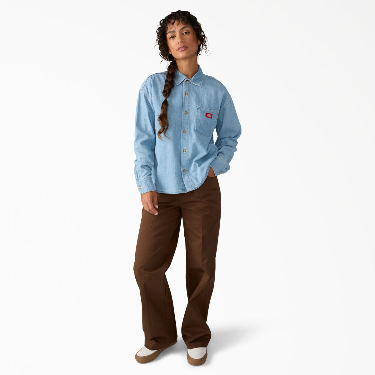 Women's Lightweight Long Sleeve Denim Shirt - Vintage Aged Blue (C15)