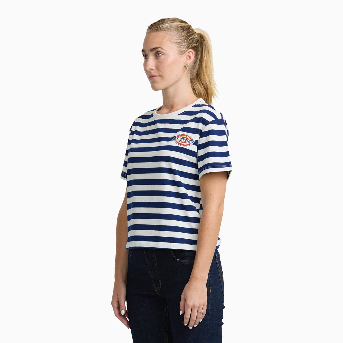 Junior's Short Sleeve Oversized Stripe Tee - White/Navy (WHN)