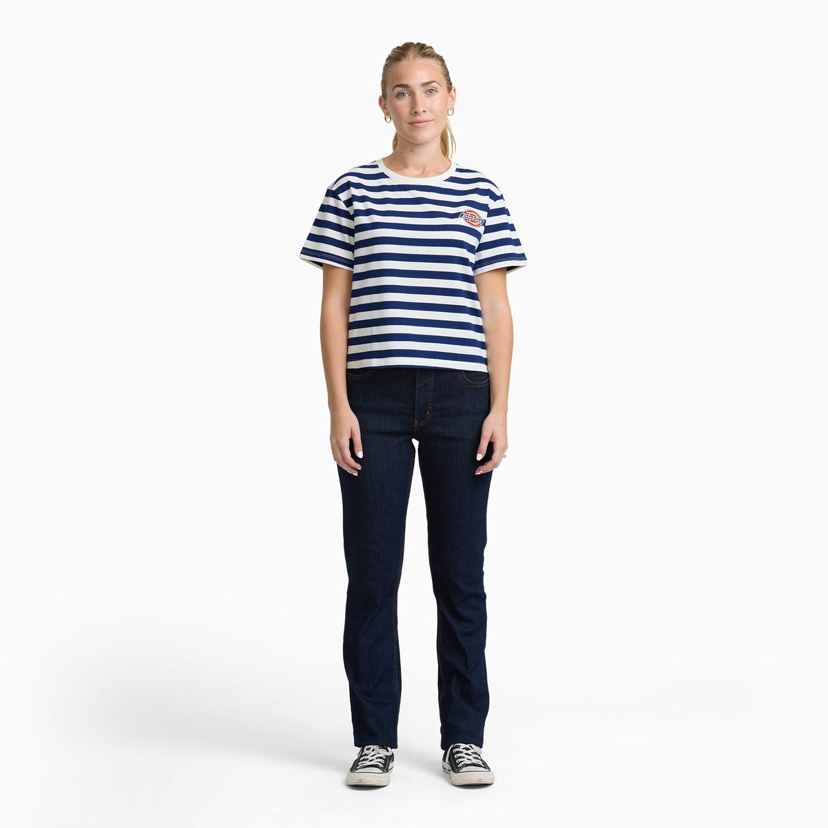 Junior's Short Sleeve Oversized Stripe Tee - White/Navy (WHN)