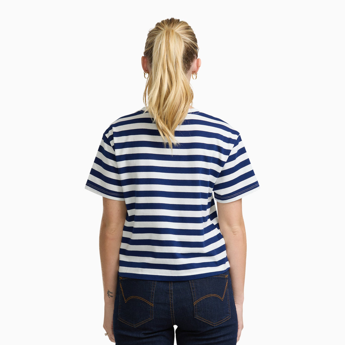 Junior's Short Sleeve Oversized Stripe Tee - White/Navy (WHN)