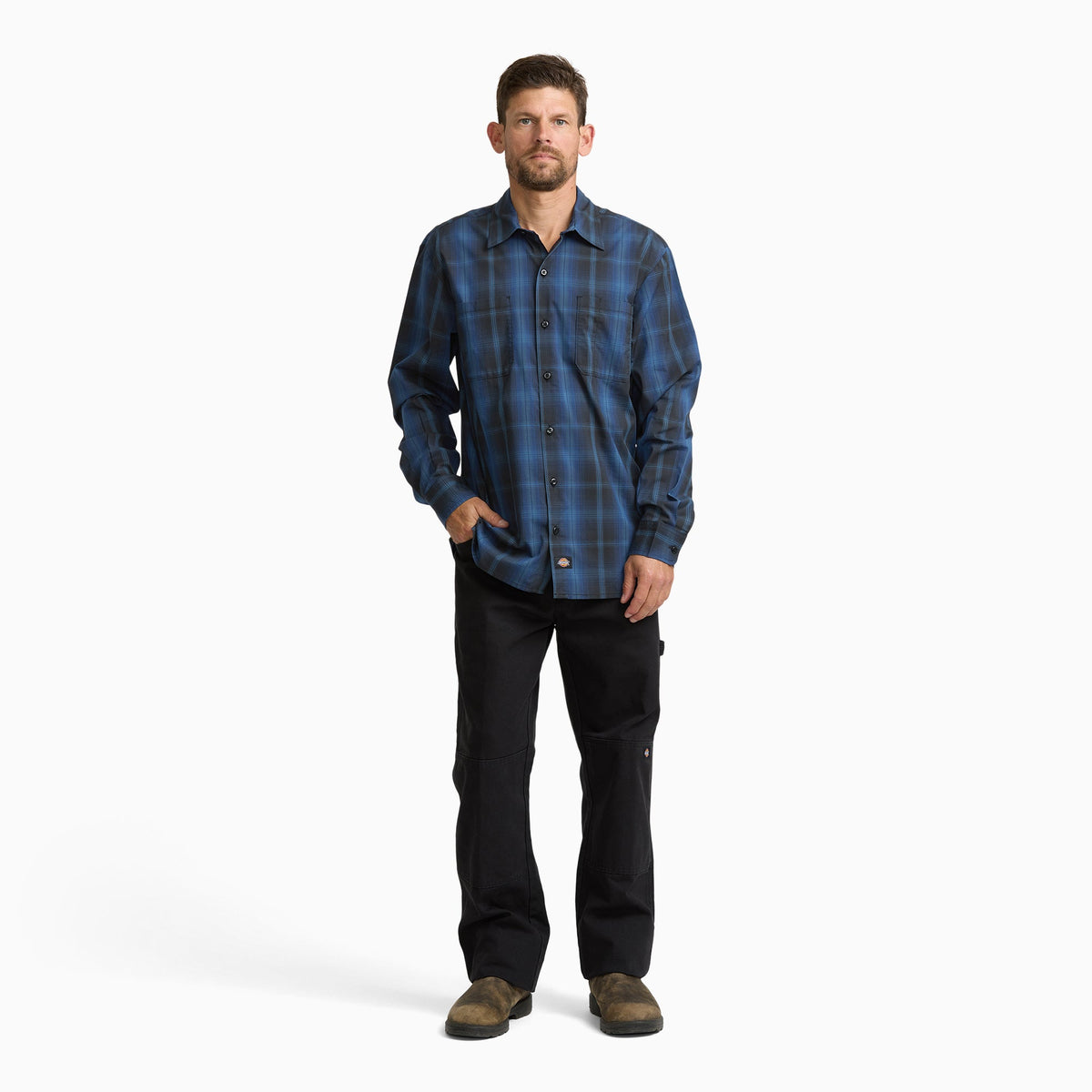 Long Sleeve Plaid Work Shirt - PEACOAT (A65)