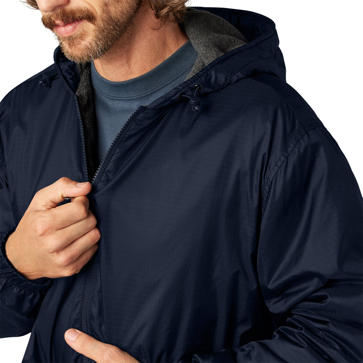 Fleece Lined Nylon Hooded Jacket - Dark Navy (DN)