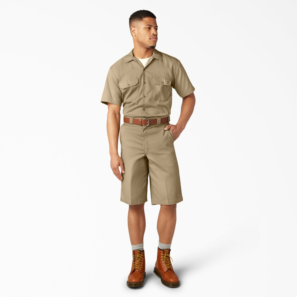 Loose Fit Flat Front Work Shorts, 13" - Khaki (KH)