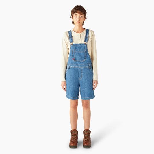 Women's Relaxed Fit Bib Shortalls, 7" - Stonewashed Medium Blue (MSB)