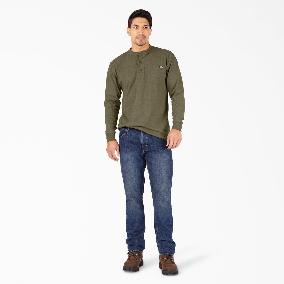 Heavyweight Heathered Long Sleeve Henley T-Shirt - Military Green Heather (MLD)